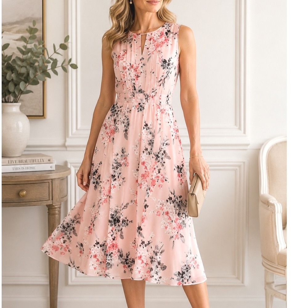 White House Black Market Pink Floral Sleeveless Fit & Flare Dress Size 10
